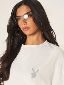 Missguided x Playboy 超大款烫钻装饰T恤，宽松圆领短袖，休闲风格，饰有品牌标志 - 白色 - 查看 3