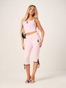 Missguided x Playboy Square Neck Metal Detail Cami Tank Top With Adjustable Straps Sleeveless Fitted Crop Length Summer Fashion Essential - Baby Pink - View 3