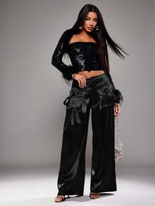 NYA SZN 高腰阔腿工装裤，宽松飘逸，棕色缎面材质，适合冬季商务休闲场合，适合特殊活动和特殊场合，尽显女性奢华气质。 - 黑色 - 查看 3