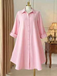 Rometta Romantic Date  Plus Roll Tab Sleeve Curved Hem Shirt Dress Fall Cloth For Women - Baby Pink - View 1