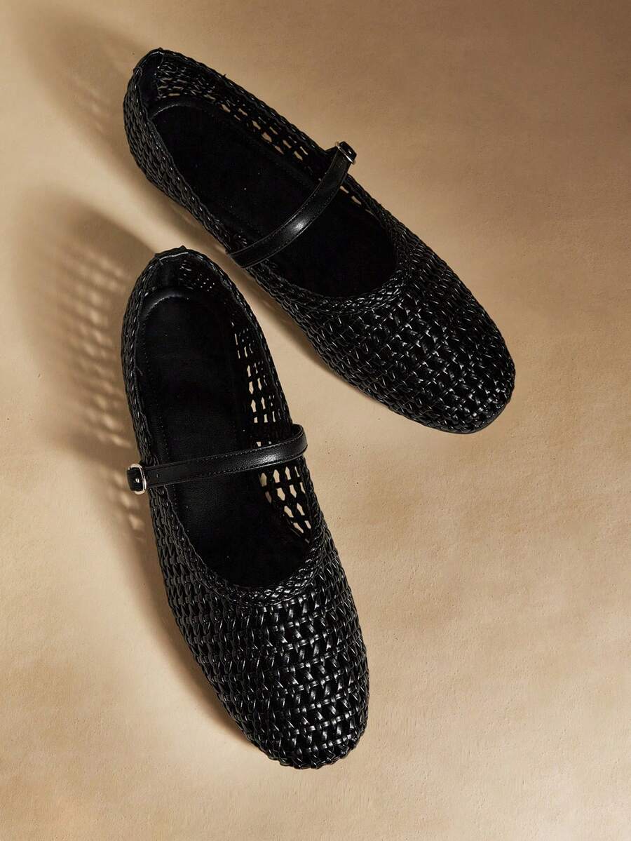 Rosivie PU Woven Material Flat Shoes, Elegant Office Style Commuter Shoes - Black - View 1