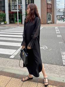 FRIFUL 女士轻薄透明直筒连衣裙，圆领长袖，袖口呈喇叭形，宽松休闲百搭，适合春夏穿着 - 黑色 - 查看 4