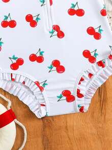 1件婴儿/女婴长袖连体泳衣，带拉链，可爱蝴蝶结和花朵印花，含帽子 - 白色 - 查看 4