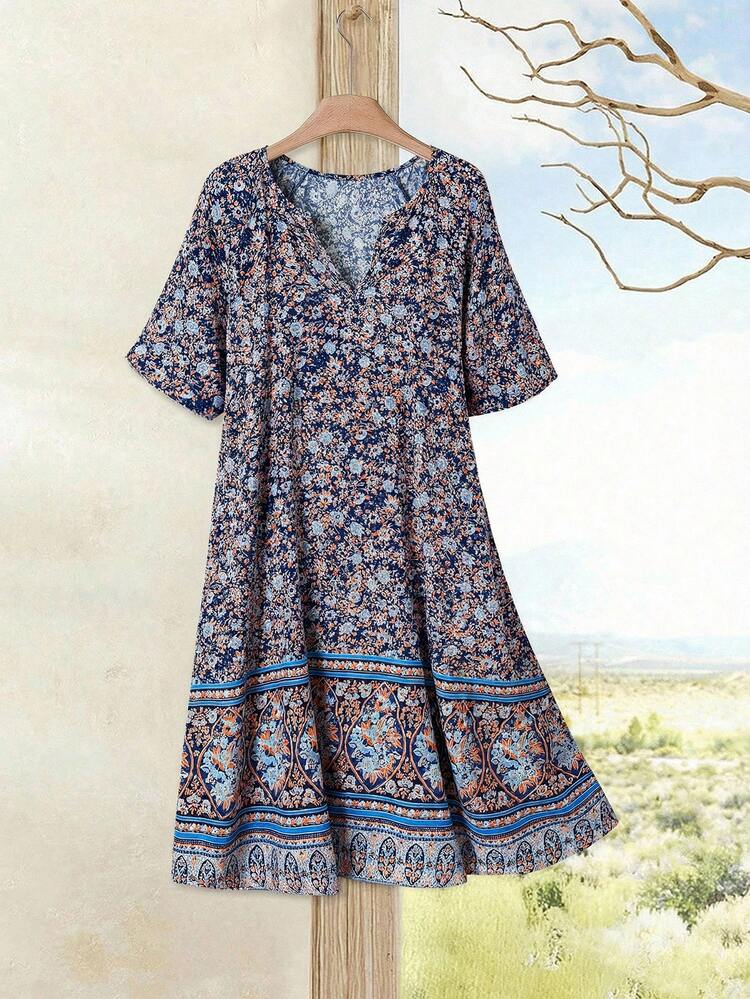 Plus Size Women Summer Casual Vacation Country Floral Print Short Sleeve Dress,Summer Holiday,Spring Break Outfits ,Vacation Outfits Women ,Holiday Outfits For Women,Going Out Outfits,2026 New Clothes,Simple And Fashionable For Everyday Wear,Suitable For Summer, Vacation,Daily Wear,Casual Dresses For Women,Flowy Dress , Boho Summer Dress Women, Women's Floral Summer Dress, Bohemian Dress,Beach Outfits For Women ,Western Style
