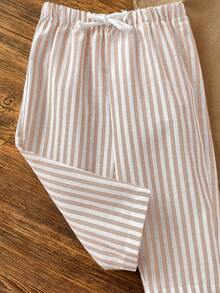 男婴可爱休闲针织拼接短袖T恤和条纹松紧腰短裤套装 - 卡其色 - 查看 7