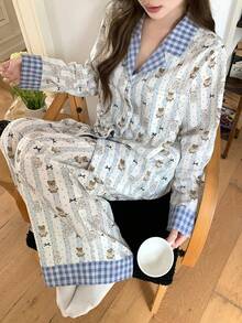 DAZY 2pcs Women Plaid Patchwork Cute Bear & Polka Dot Pattern Loose Cardigan Long Sleeve & Straight Leg Long Pajama Pants Set, Spring - Blue - View 11