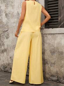 Ellevyn Women's Elegant Loose Camisole & Wide Leg Pants Gold Foil Printed 2 Pieces Set, Suitable For Wedding, Party Vacation Outfits Women - Yellow - View 8