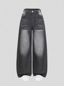 Tween Girls Denim Jeans,Grey Summer New Arrival Streetwear Back-To-School Fashion Casual Distressed Detailing Loose Straight Leg School Soft Pants - Black - View 5