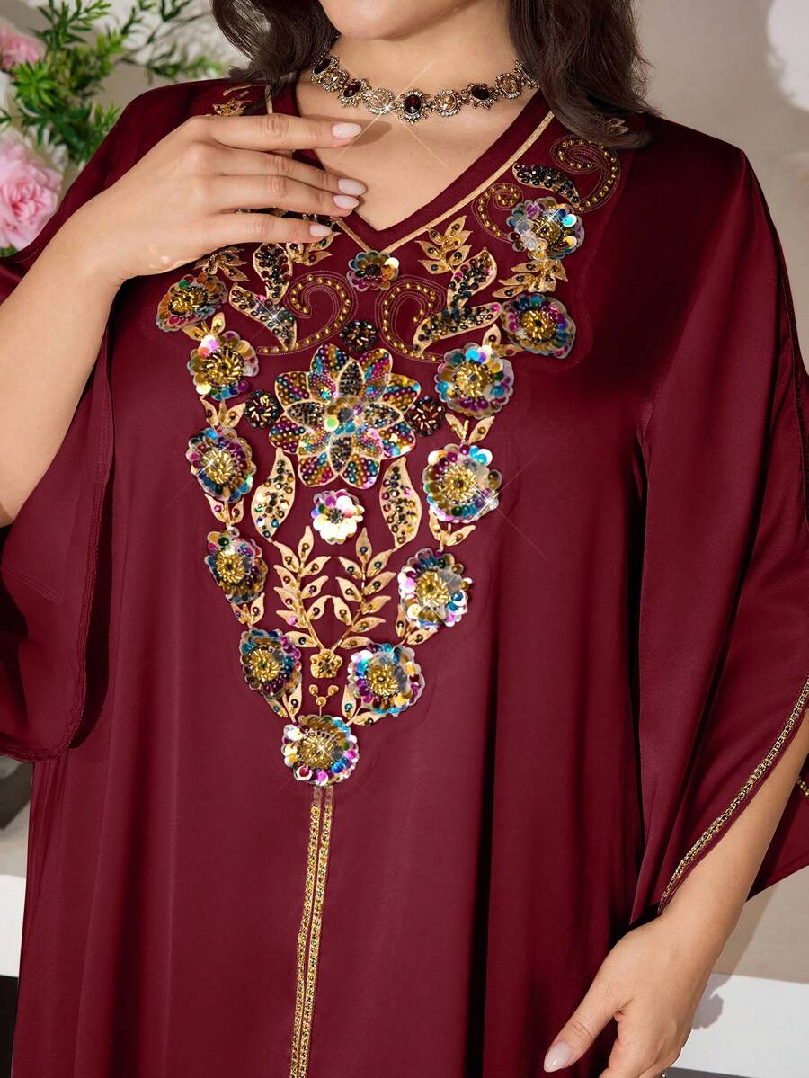 Al Najma 优雅V领喇叭袖连衣裙，适合春夏穿着 - 酒紅色 - 查看 1