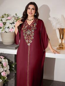 Al Najma 优雅V领喇叭袖连衣裙，适合春夏穿着 - 酒紅色 - 查看 4