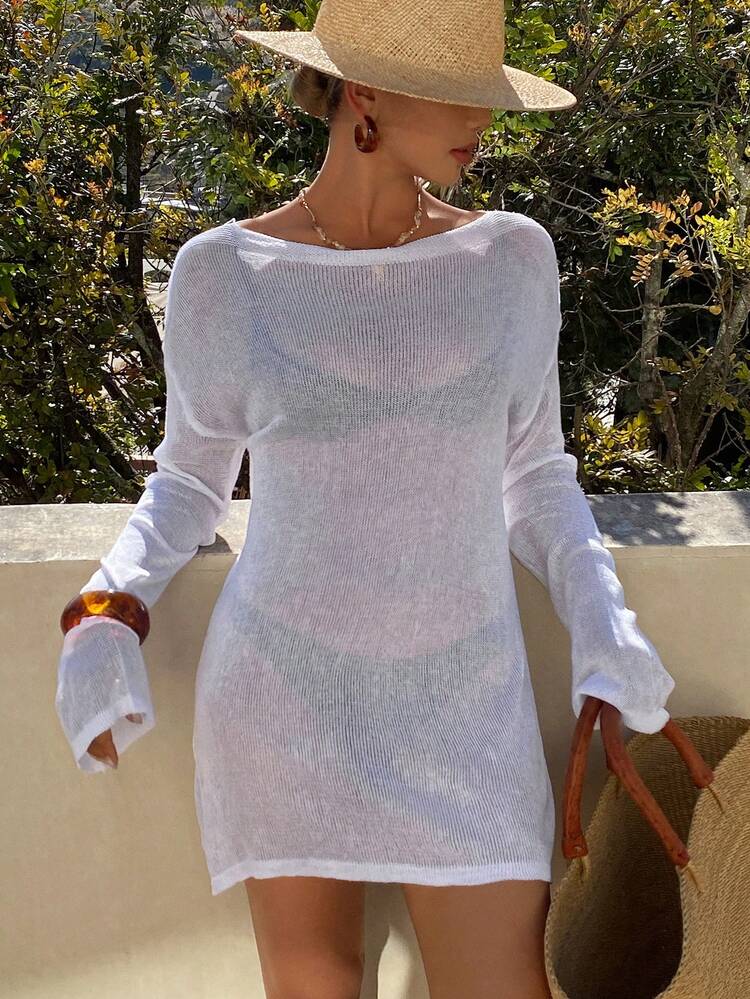 Hollow Out Beach Cover Up, Sexy Sheer Side Split Long Sleeve Swimsuit Coverup Off The Shoulder