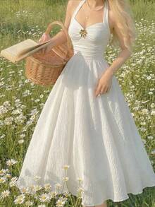 SHEIN MOD 大码女式提花面料露背吊带连衣裙 - 杏色 - 查看 2