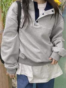 DAZY Áo nỉ chui đầu dài tay cổ bẻ màu tương phản dáng rộng thời trang dành cho nữ - Xám - Xem 8