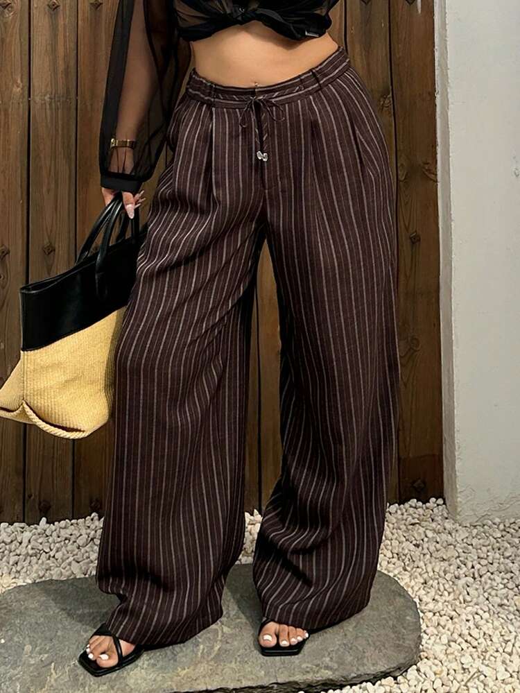 Dazy Plus Plus Size Pleated Drawstring Pocket Straight Loose Casual Versatile Striped Pants