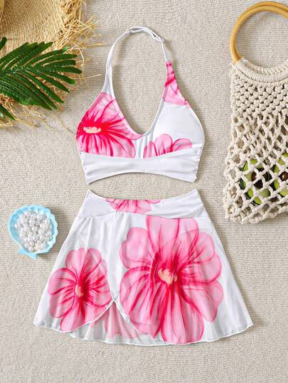 SHEIN Conjunto de traje de baño con estampado floral y cuello de halter para niña preadolescente, ideal para vacaciones en la playa
