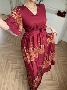 DAZY Vestido longo casual feminino com estampa e decote em V - Borgonha - Ver 7