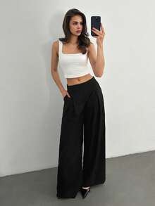 SHEIN Tall 女士纯色直筒褶裥口袋宽松休闲裤黑色阔腿裤宽松裤黑色正装裤，秋季款 - 黑色 - 查看 3