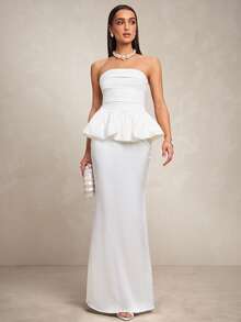 Silquee 女士优雅褶裥荷叶边抹胸上衣和鱼尾裙两件套，适合派对和宴会场合 - 白色 - 查看 6