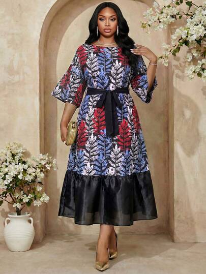 Fleurora Vestido elegante de línea A con cuello de barco, mangas acampanadas, cinturón y contraste de malla para oficina, trabajo, casual, bohemio, salida, colorido, tejido, talla grande, vestido de fiesta con estampado floral y patchwork, vestido maxi, vestido floral, vestido bohemio, atuendo de vacaciones, atuendo de playa, vestido de playa, vestido de verano, vestido de primavera, vestido floral de talla grande