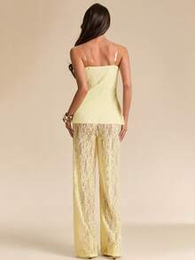 SHEIN x Tata & Beatriz SHEIN BAE 女士黄色蕾丝吊带背心和蕾丝薄纱裤两件套，黄色蕾丝优雅休闲度假装 - 黃色 - 查看 2