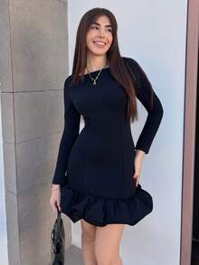 Hitanina 秋冬夏季圣诞服装新年服装新年连衣裙甜美蓬蓬裙红色连衣裙优雅长袖连衣裙 - 黑色 - 查看 3