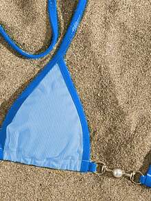 Swim Vcay Swimsuits For Woman Summer Beach Rib Binding Trim Halter Micro Triangle Bikini Blue Bikini Set Vacation Bikini Set Blue Bathing Suits - Blue - View 4