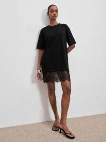 ATUI Studio Áo thun nữ kiểu dáng thường ngày, màu trơn, phối ren, thích hợp cho mùa hè. - màu đen - Xem 2