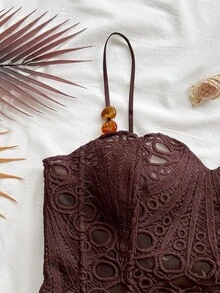 Soleia 春夏新款休闲度假西式海滩婚礼宾客礼服毕业早午餐女装，适合圣帕特里克节、春假、复活节、音乐节等场合，优雅波西米亚热带风情无袖上衣，饰有纹理串珠，露背系带设计，约会装 - 棕色 - 查看 5