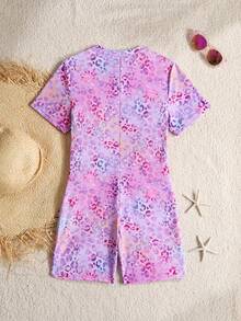SHEIN 少女休闲简约炫彩淡紫色豹纹圆领长袖连体泳衣，适合夏季穿着 - 粉色 - 查看 6