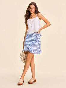 SHEIN VCAY Falda de rayas con nudo cruzado bajo fruncido - Azul y blanco - Ver 1