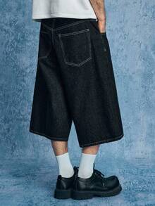 ROMWE MEN Street Life Men's Denim Oblique Placket Snap Button Shorts - Black - View 5