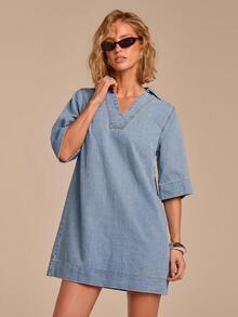 COSMINA Women's Denim Lapel 3/4 Sleeve Loose Casual Denim Dress, Elegant Commuter Denim Dress, Light Blue Denim Dress - Baby Blue - View 5