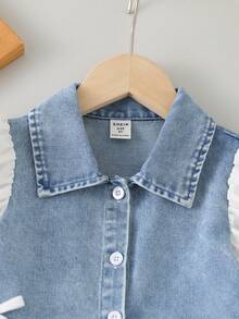 Elladie kids 1 chiếc đầm denim mùa hè kiểu dáng dễ thương, thoải mái dành cho bé gái, thiết kế phối màu. - Màu xanh lam - Xem 3