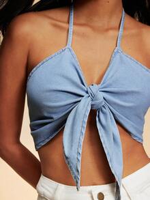 Travachic Women's Light Blue Denim Top, Sexy Camisole Top, Bikini Denim Outfit, Summer Drawstring Denim Top - Light Wash - View 1