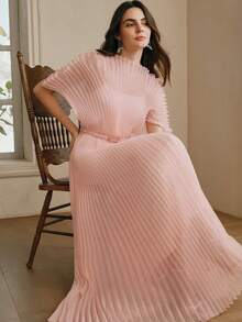 Anewsta Vacation Outfit Dress, Fashionable Pink Batwing Sleeve Mid-Sleeve Cinched Waist Flared Dress Pink Pleated Dress - Pink - View 7
