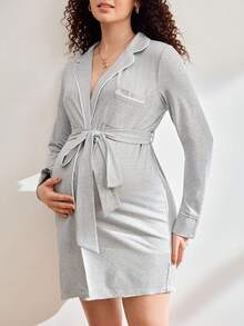 孕妇系带长袖睡袍，带斑驳领子 - 淺灰色 - 查看 5