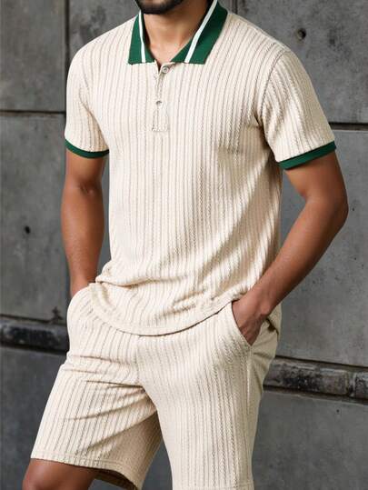 2pcs/Set Casual Polo Shirt With Collar And Shorts For Teenage Boys