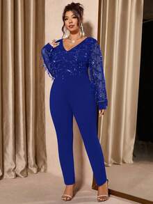 Cravure Bộ jumpsuit dài tay cổ chữ V đính sequin dành cho nữ cỡ lớn, thích hợp cho các buổi tiệc. - Xanh đậm - Xem 3