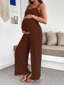 SHEIN Maternity Solid Color Ribbed Casual Wide Leg Jumpsuit - Coffee Brown - View 3