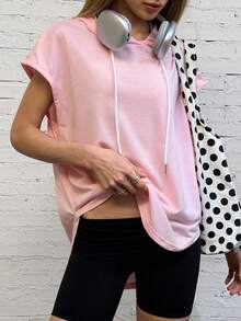 FavEase 女士纯色短袖抽绳连帽休闲T恤 - 淺粉色 - 查看 3