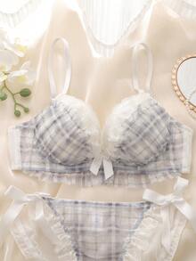 DelicateAllure 两件套格子图案钢圈衬垫文胸，蕾丝边饰，多层荷叶边，蝴蝶结装饰，可爱洛丽塔风格，清新舒适的半罩杯文胸套装，女士内衣。 - 藍色 - 查看 6