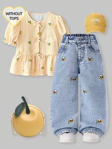 Young Girl Fashion Snowflake Washed Bee & Flower Embroidered Wide-Leg Jeans - Blue - View 1