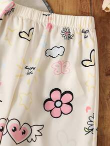 SHEIN Bộ đồ mặc nhà 2 món cho bé gái, gồm áo khoác và quần đan họa tiết trái tim và hoa. - Màu be - Xem 3
