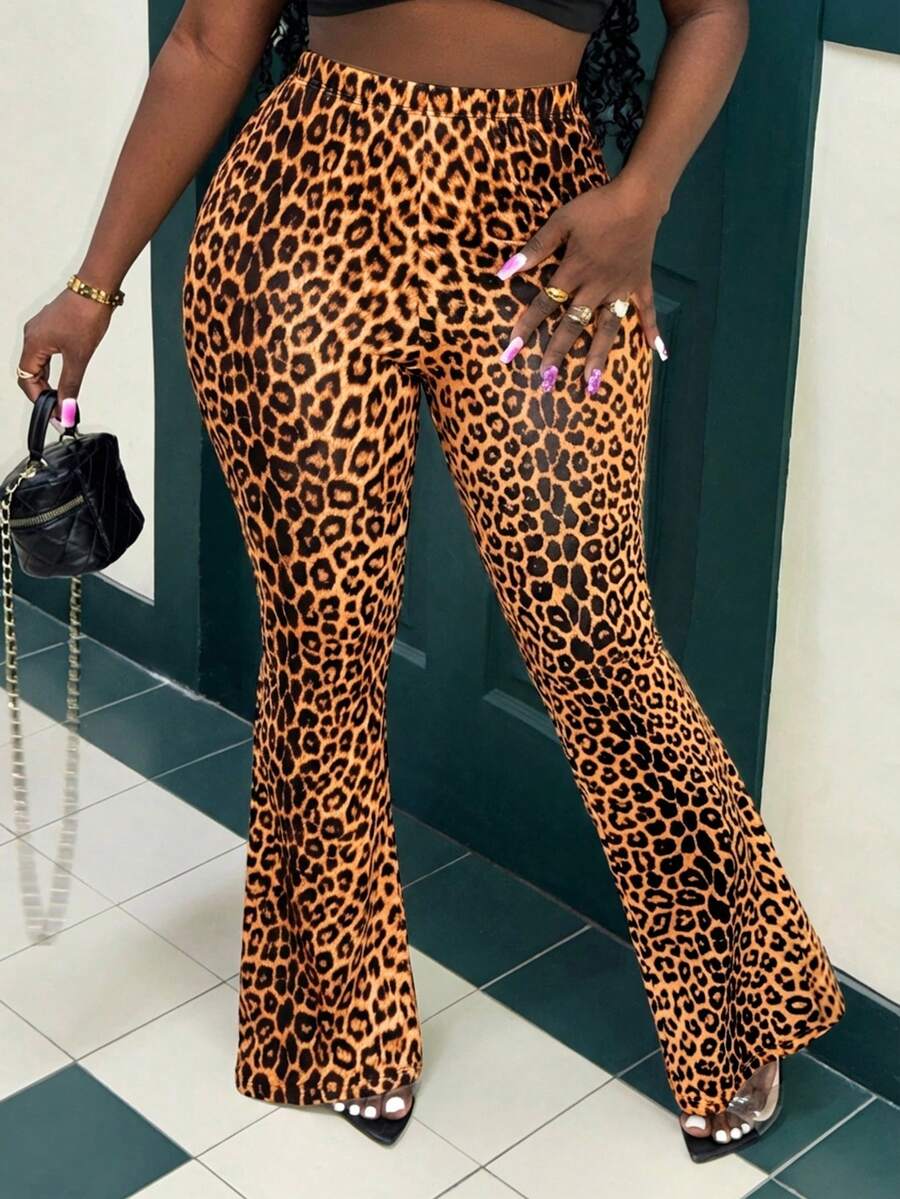 SHEIN SXY High Waisted Leopard Print Flare Pants Party Date Pants Leopard Print Pants Women's Pants - Yellow - View 1