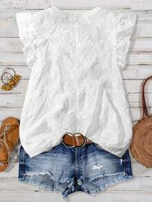SHEIN PETITE 小码镂空刺绣V领纽扣休闲度假风荷叶袖衬衫 - 白色 - 查看 2