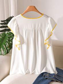 CosyJoli Áo kiểu thêu dành cho nữ cỡ lớn, trang phục thường ngày cho nữ, áo không tay, áo kiểu thường ngày cho nữ tuổi teen với tay áo bèo nhún. - Màu be - Xem 2