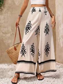 Balvessa Women's Floral Print Wide Leg Loose Pants - Khaki - View 3