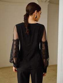 ZEYLAH Women's Elegant Lace Patchwork Long Sleeve Blouse, Spring/Summer - Black - View 3