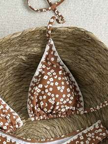 Swim Mod Set de 2 piezas con parte superior de tirantes tipo halter con bordado de concha floral y Bottom de bikini de cuello en V para niñas - Multicolor - Ver 7