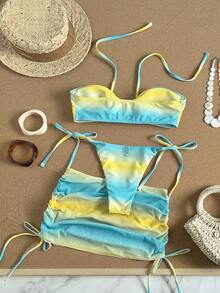 Bonvoyette 3pcs Women's Swimwear Bikini Summer Ombre Print, Vacation Bikinis, Tropical Ocean Print, Bra Built-In Crop Top Bandeau Vest Camisole Swimwear For Vacation , Beach Outfits, Garden Wedding Guest Dress, Elegant Set For Woman Velentines Newyear Party Vacation Outfit City To Beach Bohemia SS26 Spring And Summer Beachwear Women Vacation Outfit Sets Beach Outfits For Woman Women Swim Suit Set Women S Beach Outfits - Multicolor - View 4